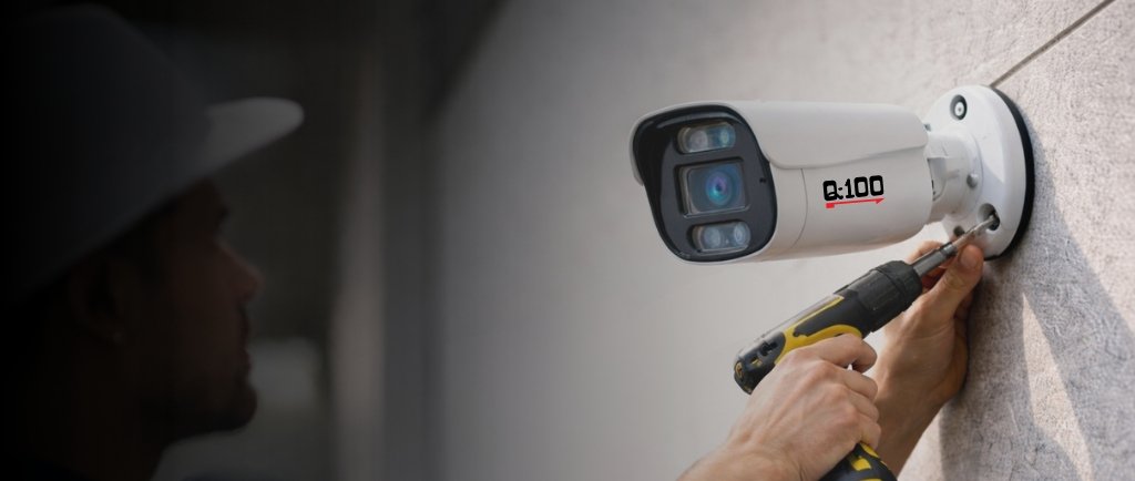Technician installing a Q:100 security camera